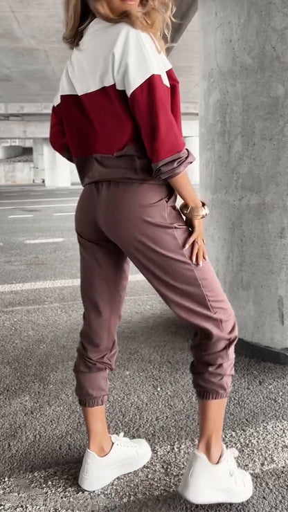 Women Round Neck Contrasting Top + Pants Casual Suit - MYSTERYBOXS