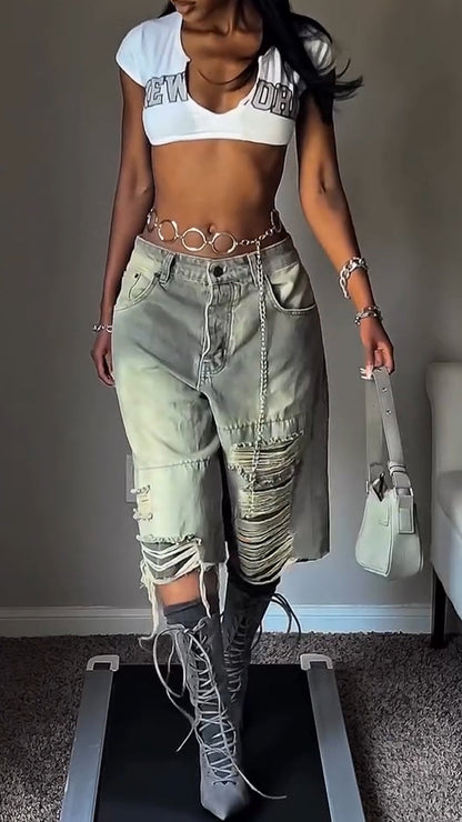 Women Low-neck Printed Letter Short Top + Scratches Washing-up Jeans Hot Girl Casual Suit - MYSTERYBOXS