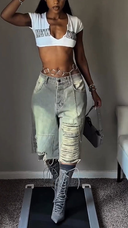 Women Low-neck Printed Letter Short Top + Scratches Washing-up Jeans Hot Girl Casual Suit - MYSTERYBOXS