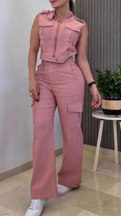 Ladies' Round Neck Zipper Splicing Top + Pants Casual Suit - MYSTERYBOXS