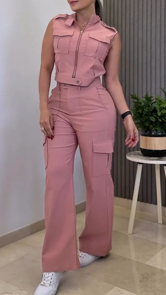 Ladies' Round Neck Zipper Splicing Top + Pants Casual Suit