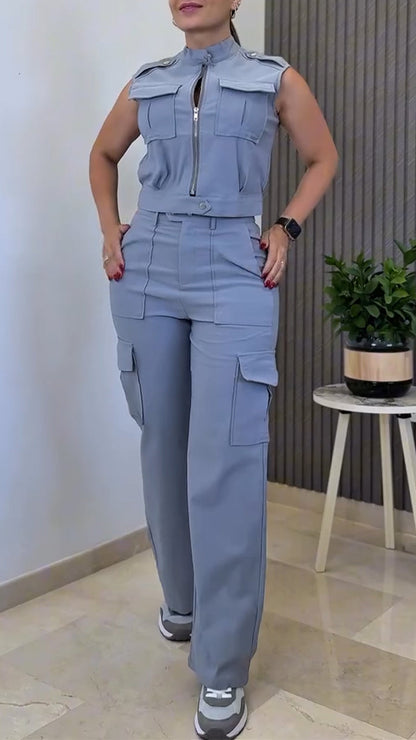Ladies' Round Neck Zipper Splicing Top + Pants Casual Suit - MYSTERYBOXS