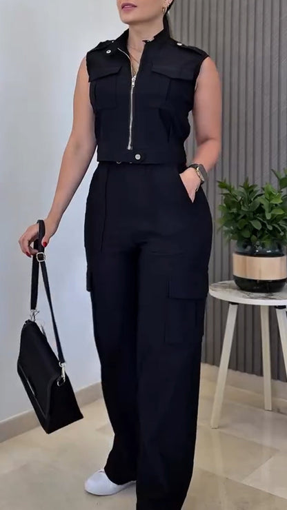 Ladies' Round Neck Zipper Splicing Top + Pants Casual Suit - MYSTERYBOXS