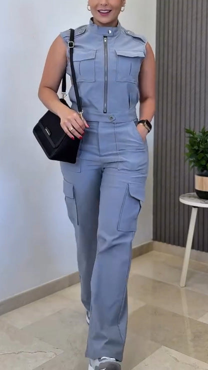 Ladies' Round Neck Zipper Splicing Top + Pants Casual Suit - MYSTERYBOXS