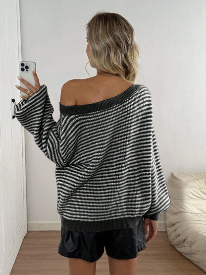 Loose striped off-shoulder knit sweater
