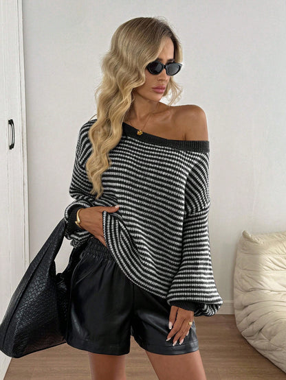 Loose striped off-shoulder knit sweater