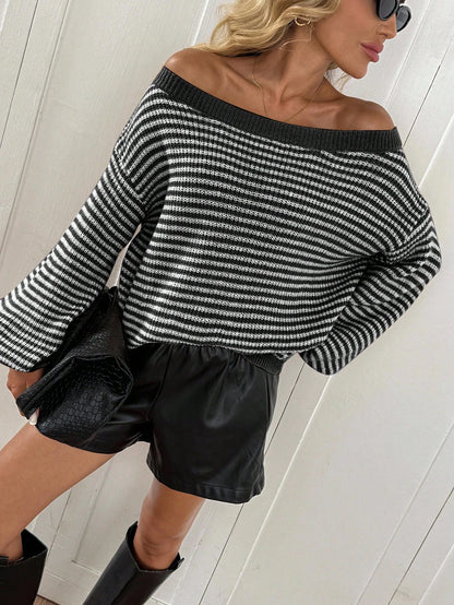 Loose striped off-shoulder knit sweater