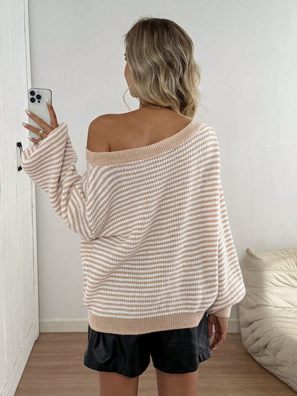 Loose striped off-shoulder knit sweater