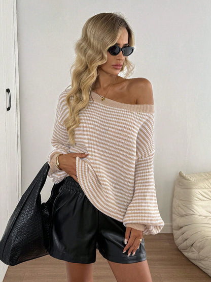 Loose striped off-shoulder knit sweater