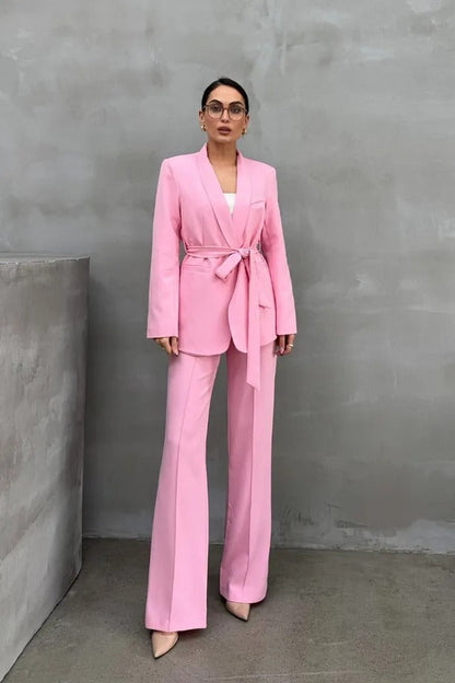 Ladies' Double Belted Blazer Jacket and Trouser Set - MYSTERYBOXS