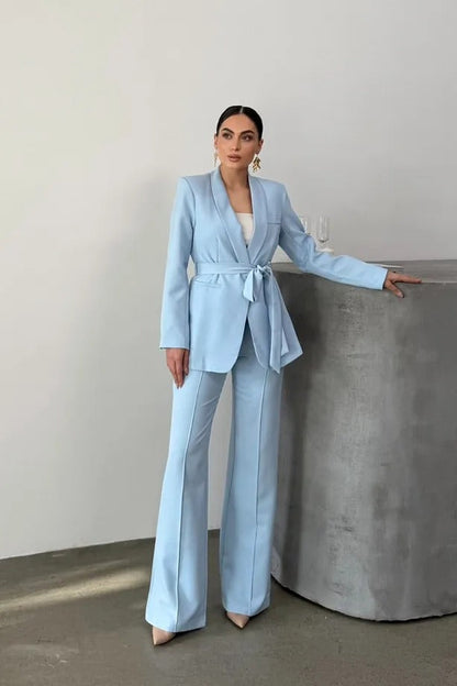 Ladies' Double Belted Blazer Jacket and Trouser Set - MYSTERYBOXS