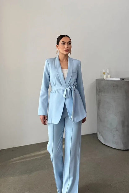 Ladies' Double Belted Blazer Jacket and Trouser Set - MYSTERYBOXS
