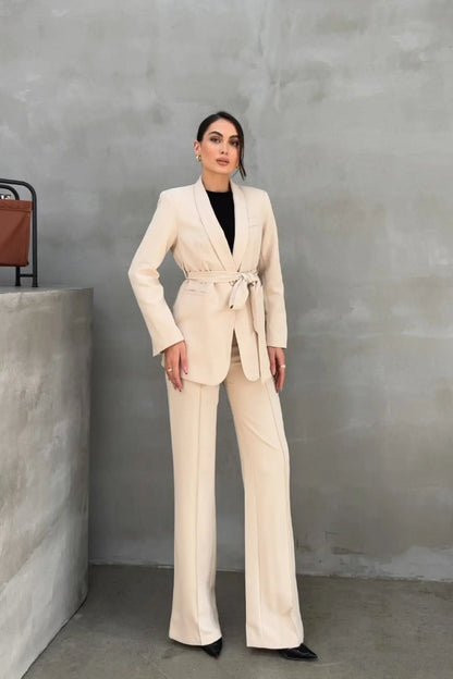 Ladies' Double Belted Blazer Jacket and Trouser Set - MYSTERYBOXS