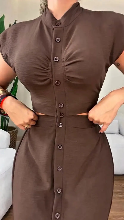 Women's Round Neck Buttoned Hollow Waist Casual Dress - MYSTERYBOXS