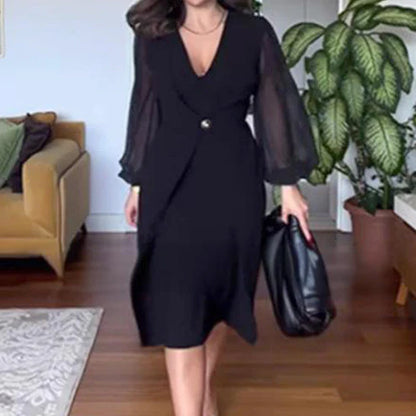 Elegant Ladies Lace Long Sleeve V Neck Dress - MYSTERYBOXS