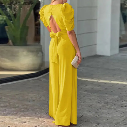 Women's Puff Sleeve Plunge Wide Leg Jumpsuit - MYSTERYBOXS