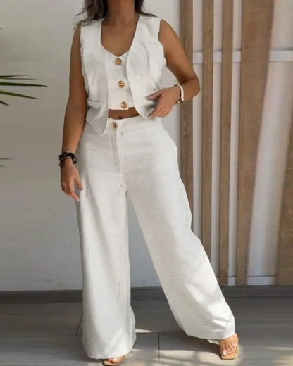 Women's 3 Pieces Outfits Metal Button Decor V Neck Sleeveless Tank Top and Casual Plain Loose Fit Pants Set - MYSTERYBOXS