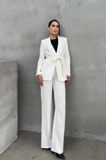 Ladies' Double Belted Blazer Jacket and Trouser Set - MYSTERYBOXS