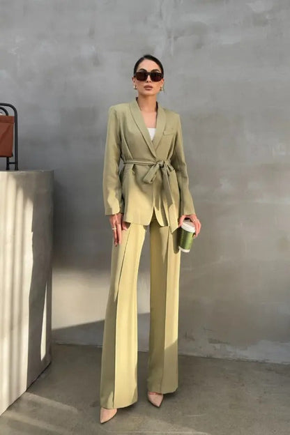Ladies' Double Belted Blazer Jacket and Trouser Set - MYSTERYBOXS