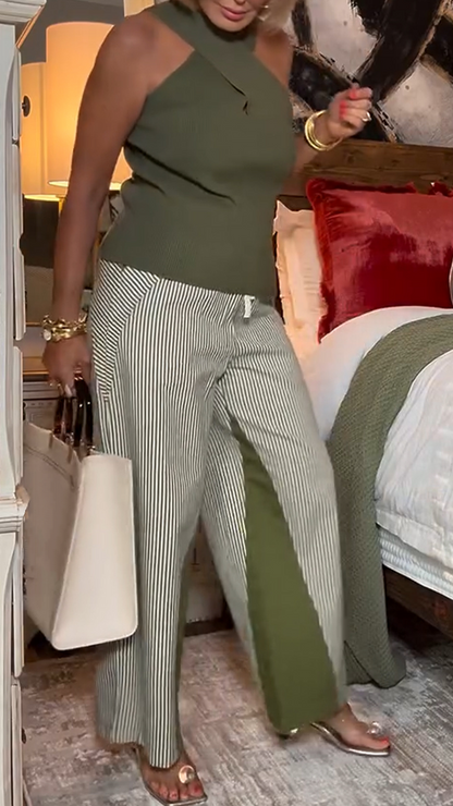 Ladies' Cross Neckline Top+ Striped Patchwork Pants Casual Set - MYSTERYBOXS