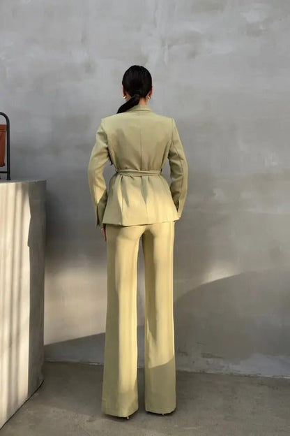 Ladies' Double Belted Blazer Jacket and Trouser Set - MYSTERYBOXS