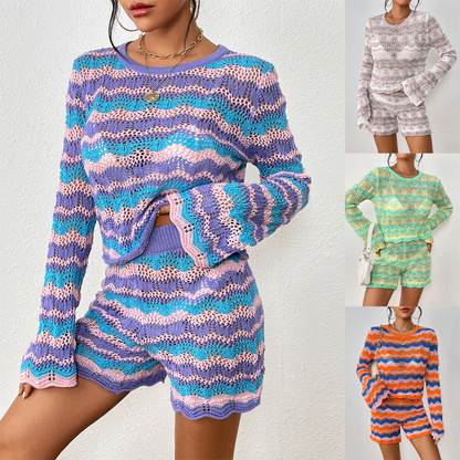 Two-piece patchwork sweater loose mid-color round neck striped sweater for women - MYSTERYBOXS