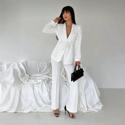 Ladies' Double Belted Blazer Jacket and Trouser Set - MYSTERYBOXS
