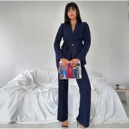 Ladies' Double Belted Blazer Jacket and Trouser Set - MYSTERYBOXS