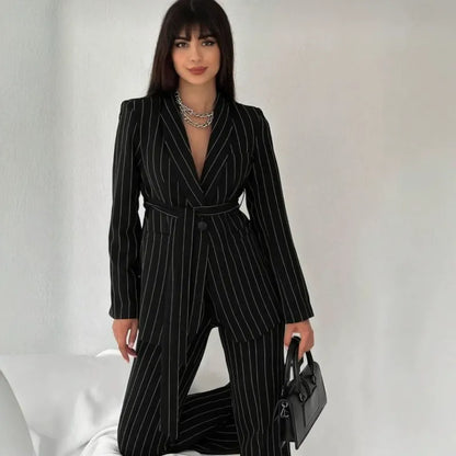 Ladies' Double Belted Blazer Jacket and Trouser Set - MYSTERYBOXS