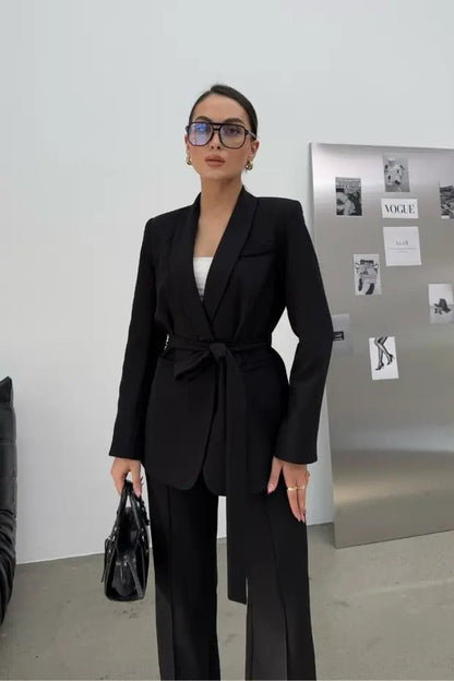 Ladies' Double Belted Blazer Jacket and Trouser Set - MYSTERYBOXS