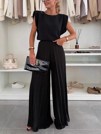 🇬🇧 Two-piece set with sleeveless top and round neckline and pleated wide-leg trousers😍 - MYSTERYBOXS