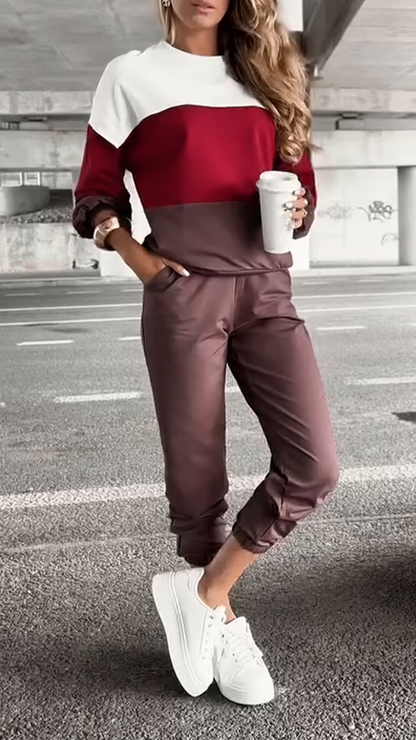 Women Round Neck Contrasting Top + Pants Casual Suit - MYSTERYBOXS