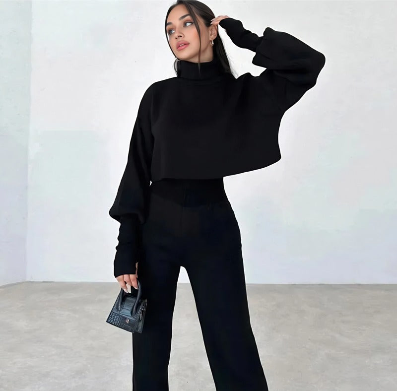 High-neck cropped sweater and high-waisted pants knit set