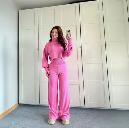 High-neck cropped sweater and high-waisted pants knit set