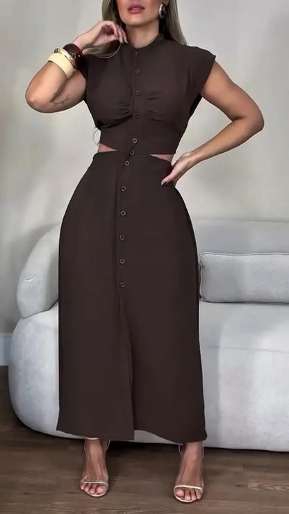 Women's Round Neck Buttoned Hollow Waist Casual Dress - MYSTERYBOXS