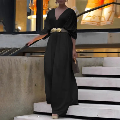 Women's V-Neck Half Sleeve Ruched Jumpsuit - MYSTERYBOXS