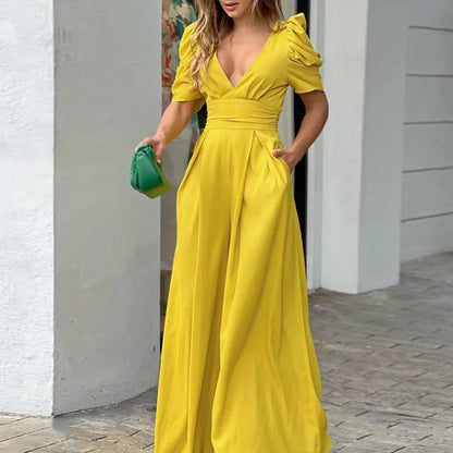 Women's Puff Sleeve Plunge Wide Leg Jumpsuit - MYSTERYBOXS