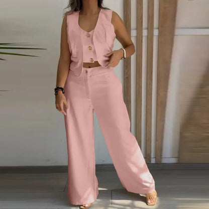 Women's 3 Pieces Outfits Metal Button Decor V Neck Sleeveless Tank Top and Casual Plain Loose Fit Pants Set - MYSTERYBOXS