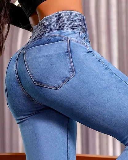High-waisted gathered button jeans