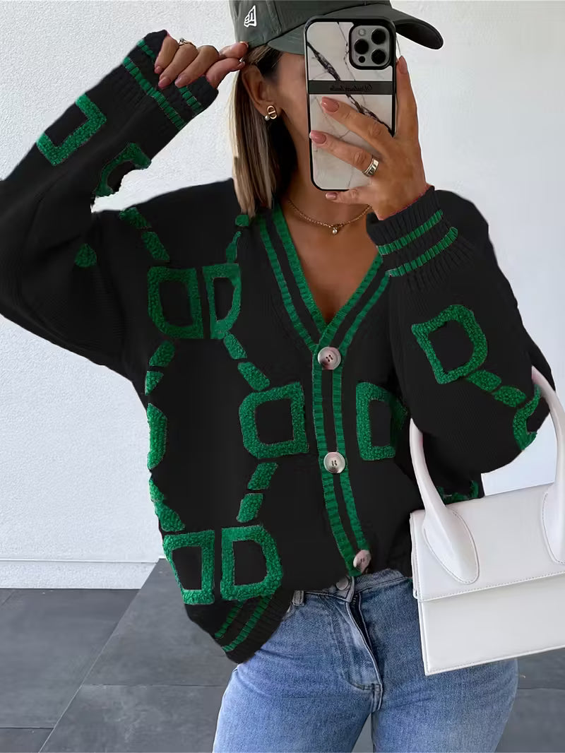 Jacquard color-blocked V-neck button-down cardigan sweater