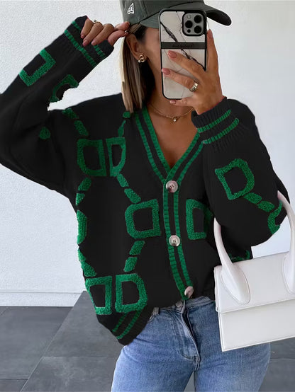 Jacquard color-blocked V-neck button-down cardigan sweater