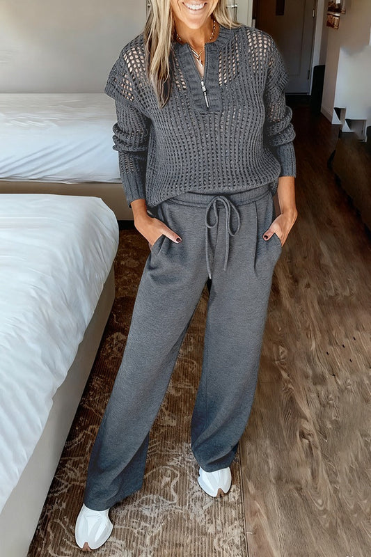 Women Round Neck Plaid Hollow Top + Drawstring Pants Casual Suit