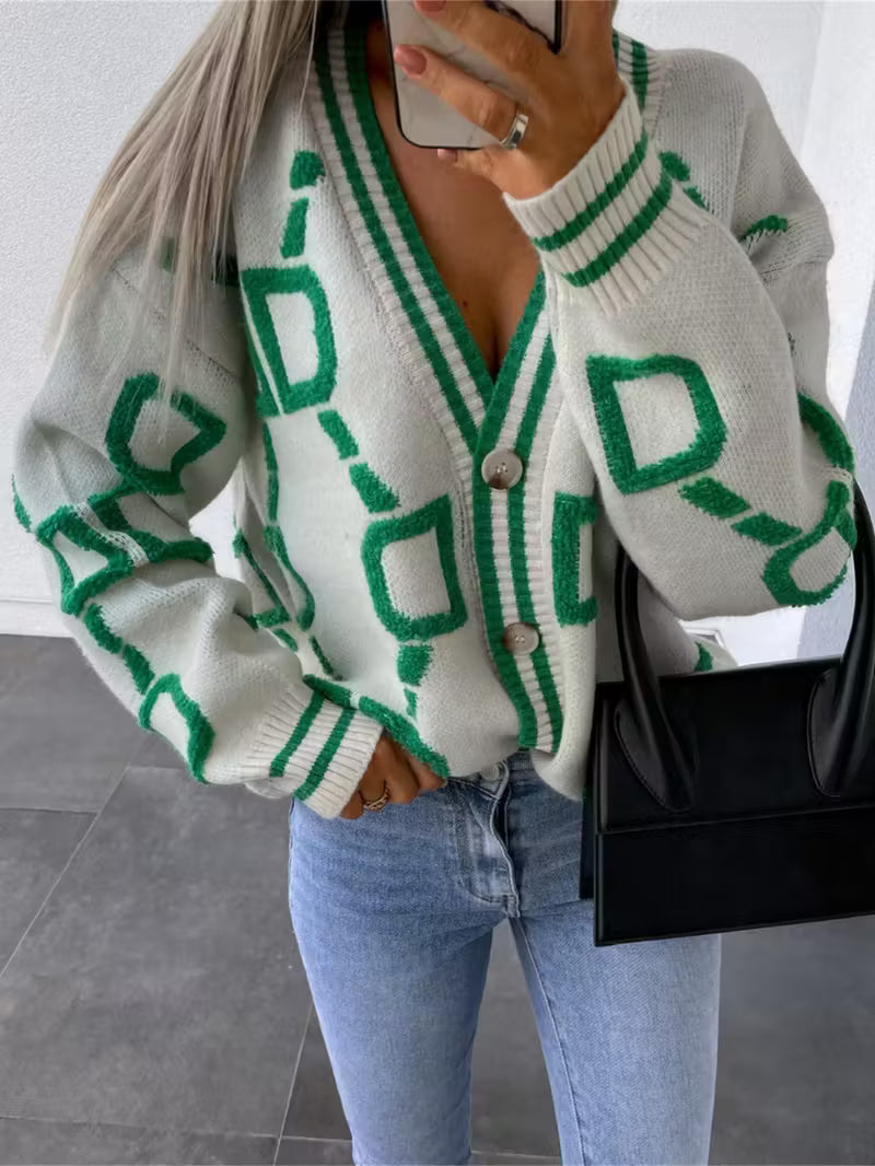 Jacquard color-blocked V-neck button-down cardigan sweater