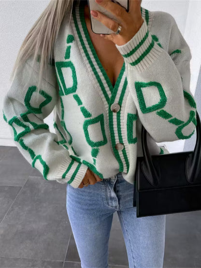 Jacquard color-blocked V-neck button-down cardigan sweater