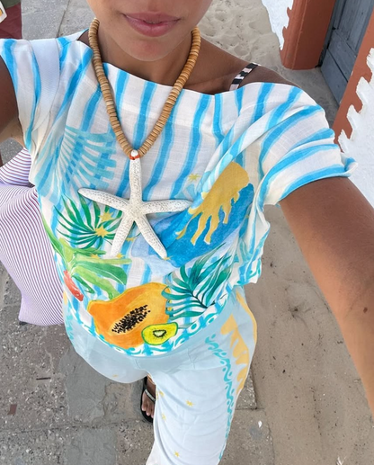 Ladies' One Word Collar Printed Top + Pants Vacation Play Style Casual Set - MYSTERYBOXS