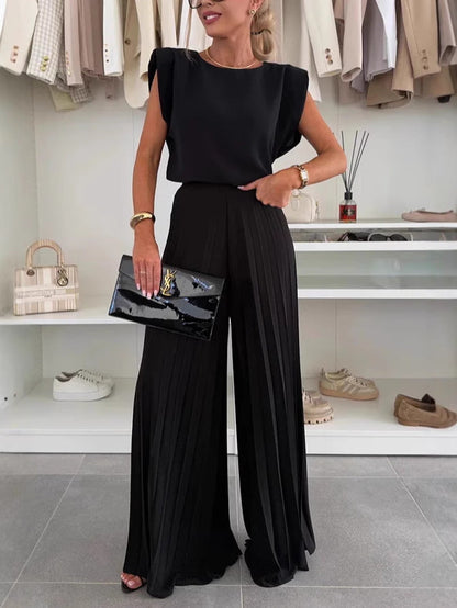 🇬🇧 Two-piece set with sleeveless top and round neckline and pleated wide-leg trousers😍 - MYSTERYBOXS