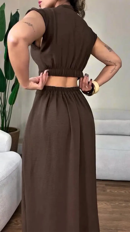 Women's Round Neck Buttoned Hollow Waist Casual Dress - MYSTERYBOXS
