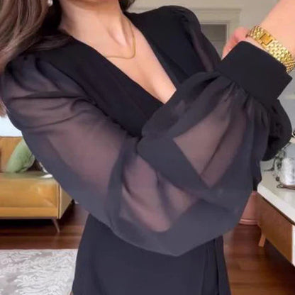 Elegant Ladies Lace Long Sleeve V Neck Dress - MYSTERYBOXS
