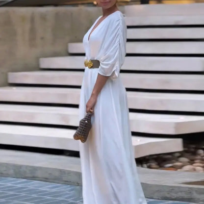 Women's V-Neck Half Sleeve Ruched Jumpsuit - MYSTERYBOXS