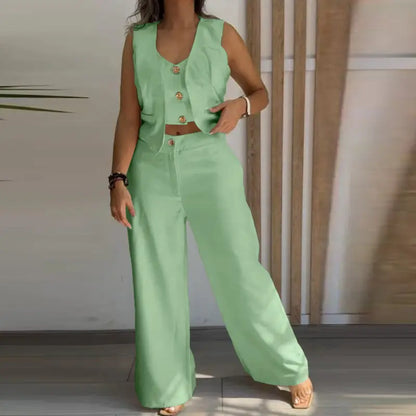 Women's 3 Pieces Outfits Metal Button Decor V Neck Sleeveless Tank Top and Casual Plain Loose Fit Pants Set - MYSTERYBOXS